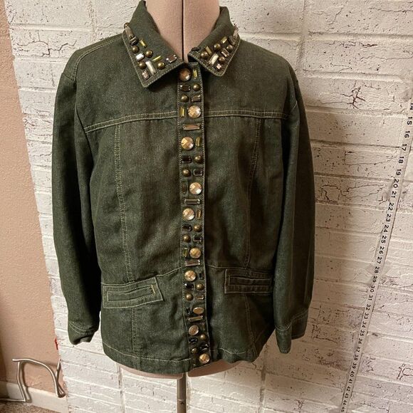 Ruby Rd. Green Rhinestone Denim Jean Jacket 10 - Picture 2 of 11